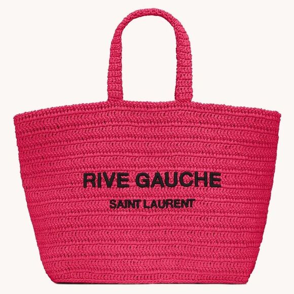 Saint Laurent Pink Rive Gauche embroidered raffia tote bag - Picture 1 of 14